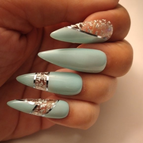Cyan and clear void space with silver flakes luxury press on nails pPN37 - Picture 5 of 6